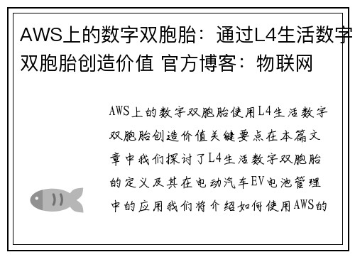 AWS上的数字双胞胎：通过L4生活数字双胞胎创造价值 官方博客：物联网